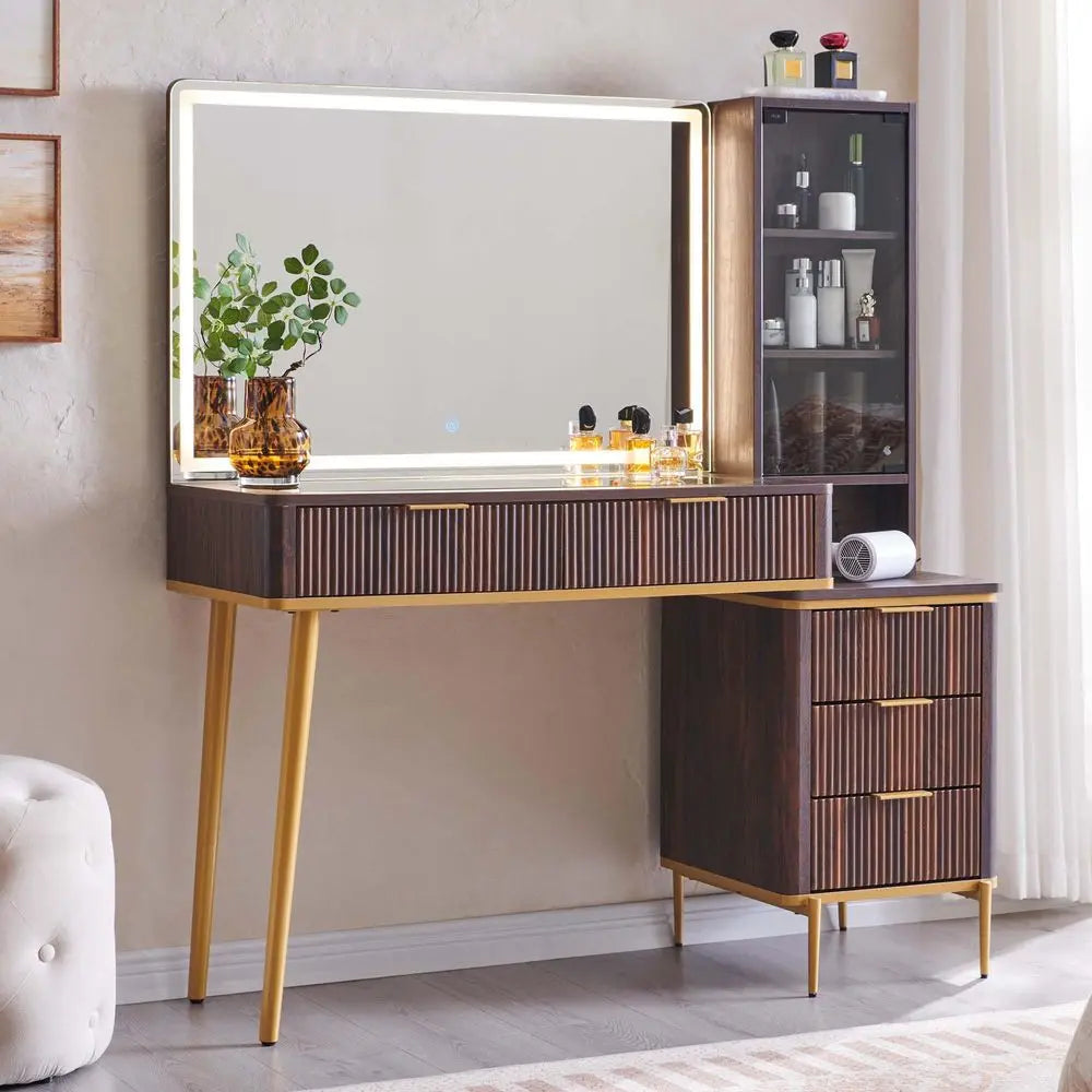 XMSJ Fluted Makeup Vanity Desk With Lighted Mirror And Storage