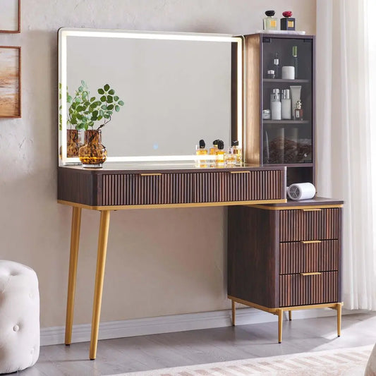XMSJ Fluted Makeup Vanity Desk With Lighted Mirror And Storage