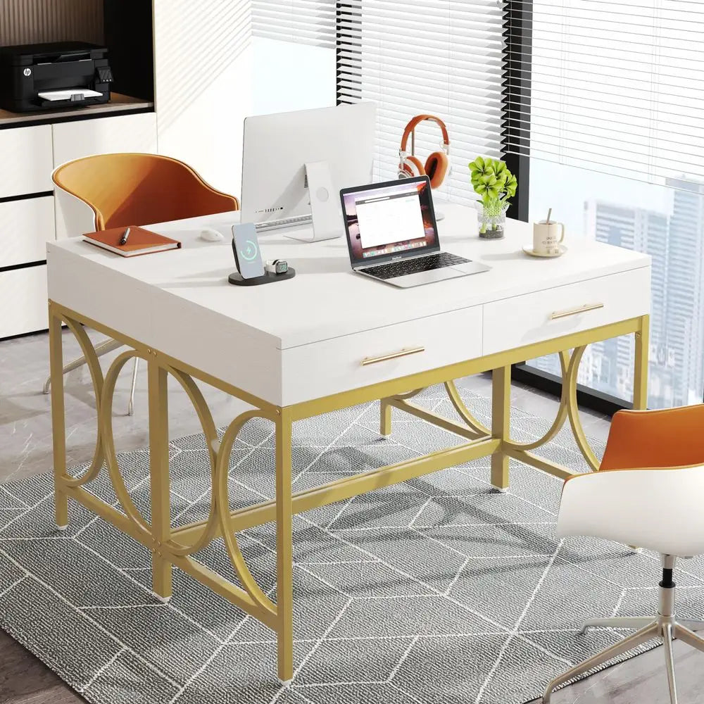 Modern Computer Desk with 2 Drawers Set of 2, 41 Inches Study Writing Office Desk for Home Office, Bedroom, Makeup Vanity Table