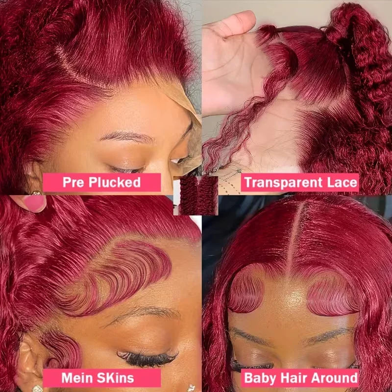 250% Density 32 Inch Pre Plucked Curly Burgundy Lace Front Wig 13x4 Deep Wave HD Transparent Lace Wig Colored Hair Wig For Women