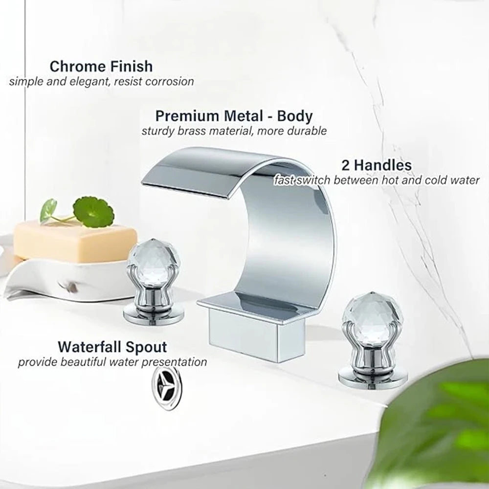 Golden Bathroom Basin Faucet Hot Cold Mixer Faucets Crystal Handle Waterfall Basin Faucet Torneira Taps Deck Mounted Sink Crane