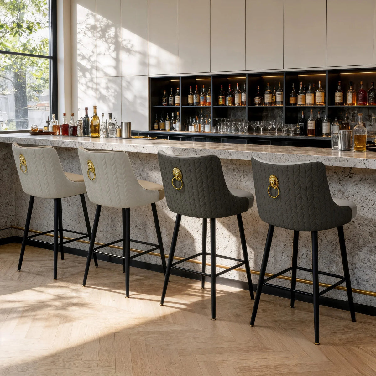 Swivel Bar Stool With Leather Upholstery High Back And Footrest