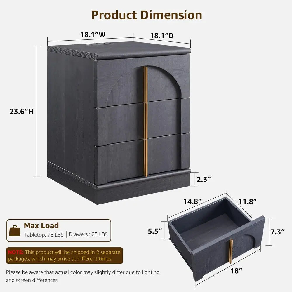 XMSJ Arched Nightstand Set with Charging Station and Three Drawers