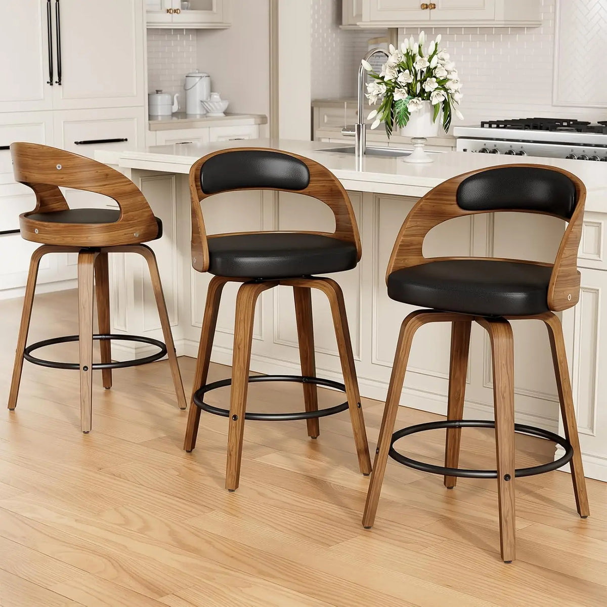 26in Bentwood Counter Stools Set 3 PU Leather Swivel Bar Chair with Back Footrest Kitchen Cafe Dining, Custom