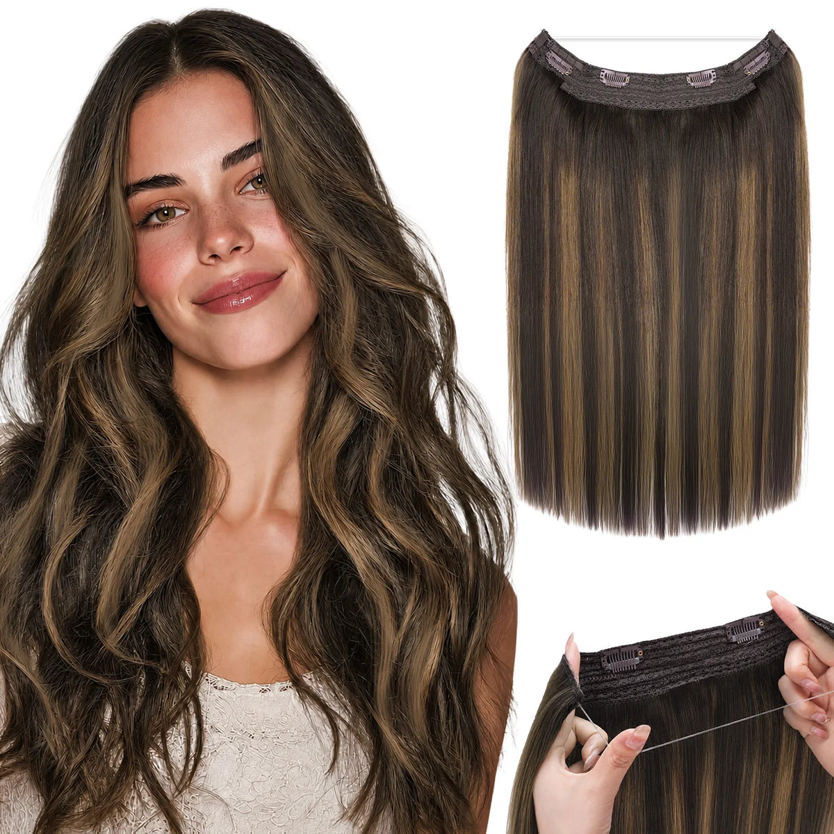 Sunmofavo Invisible Wire In Hair Extensions Halo 100% Remy Human Hair Adjustable Hairpiece with 4 Clips Walnut Brown Bleach Blonde Ombre Seamless Undetectable for Thin Fine Hair Instant Volume Soft Straight Real Human Hair Da