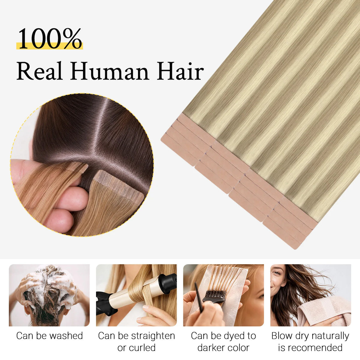 Sunmofavo Seamless Tape In Hair Extensions 100% Real Remy Human Hair Straight, Ash Brown To Platinum Blonde Ombre Silky Glossy ,20Pcs 50g,  Firm Hold After Heat Application, Instant Volume, Salon Professional Tape Ins
