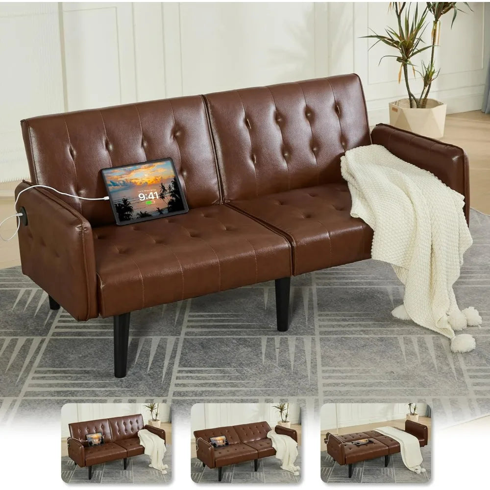 Tyboatle Convertible Faux Leather Futon Sofa Bed With USB Ports