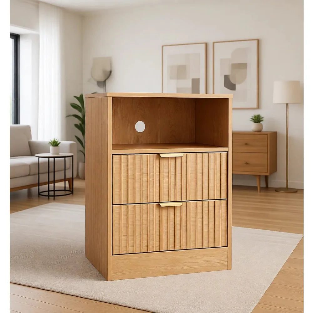 Fluted Nightstand Set Of 2 With LED Charging Station, Farmhouse Style