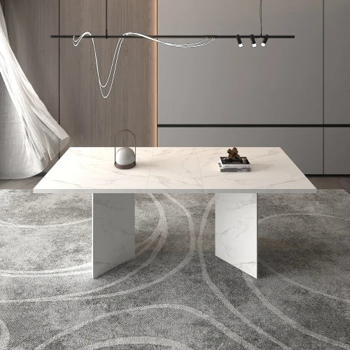 Extendable Dining Room Table for 6 8 10, Modern Faux Marble Wooden Long Large Rectangular Expanding Conference Kitchen Table