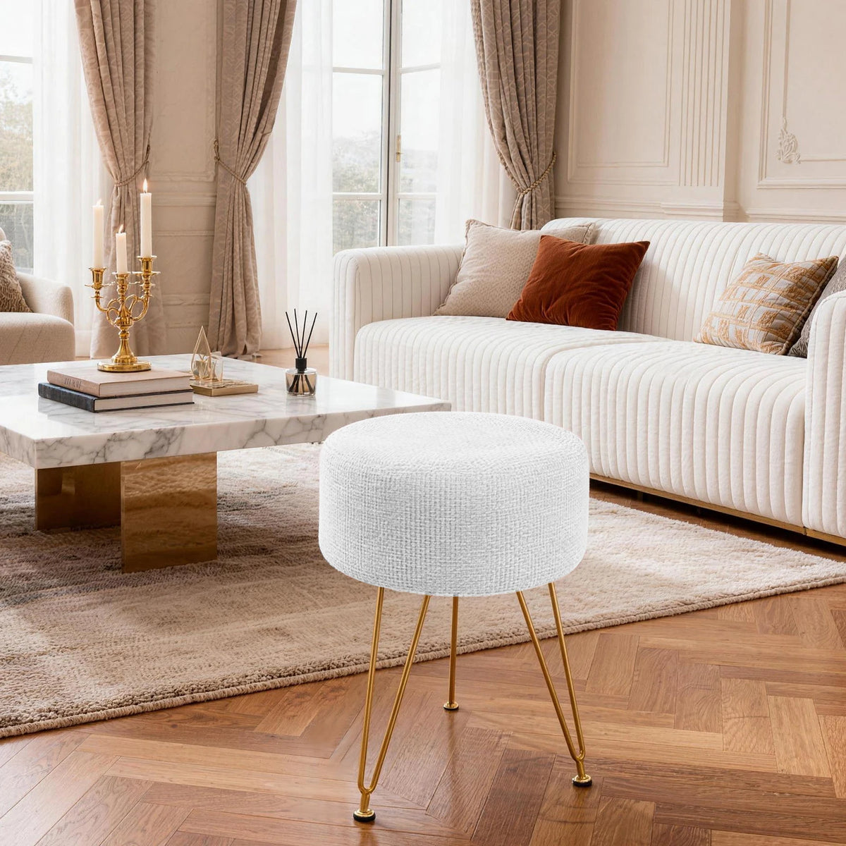 JHK Velvet Round Ottoman Footrest Stool For Living Room