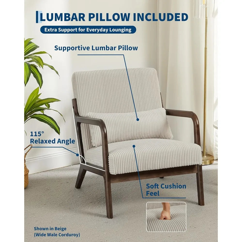 Mid-Century Chenille Accent Chair: Cozy Reading, Modern Lounge, Lumbar Pillow, Solid Wood Frame, Beige