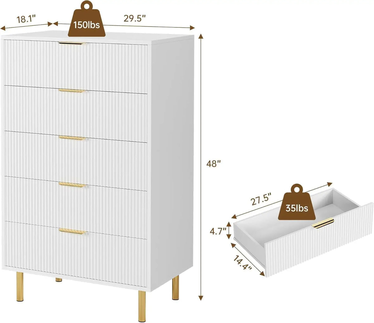 Fluted 5 Drawer Bedroom Dresser 48 Inch Metal Leg Wooden Cabinet | Groove Facade Anti Topple Safe Storage Smooth Drawer Slide Polished Hardware Elevated Base Household Dresser