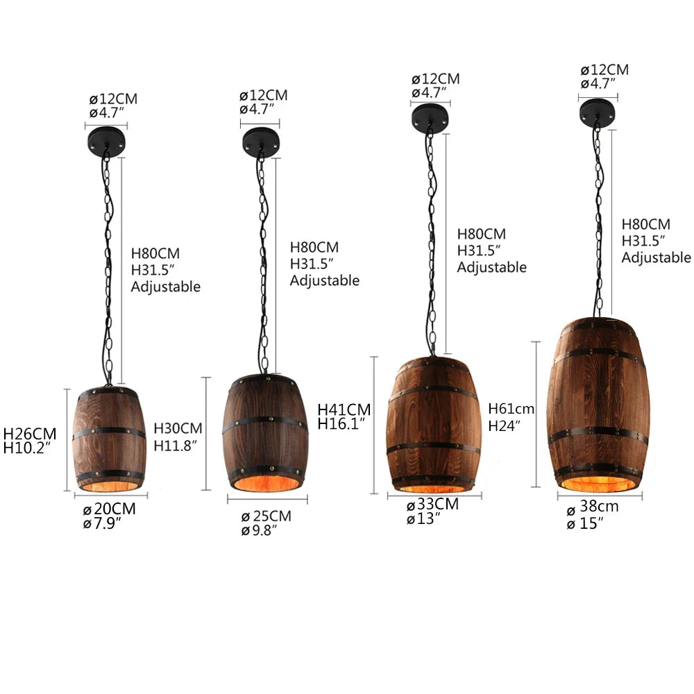 Retro Wood Wine Barrel Pendant Light For Dining Room