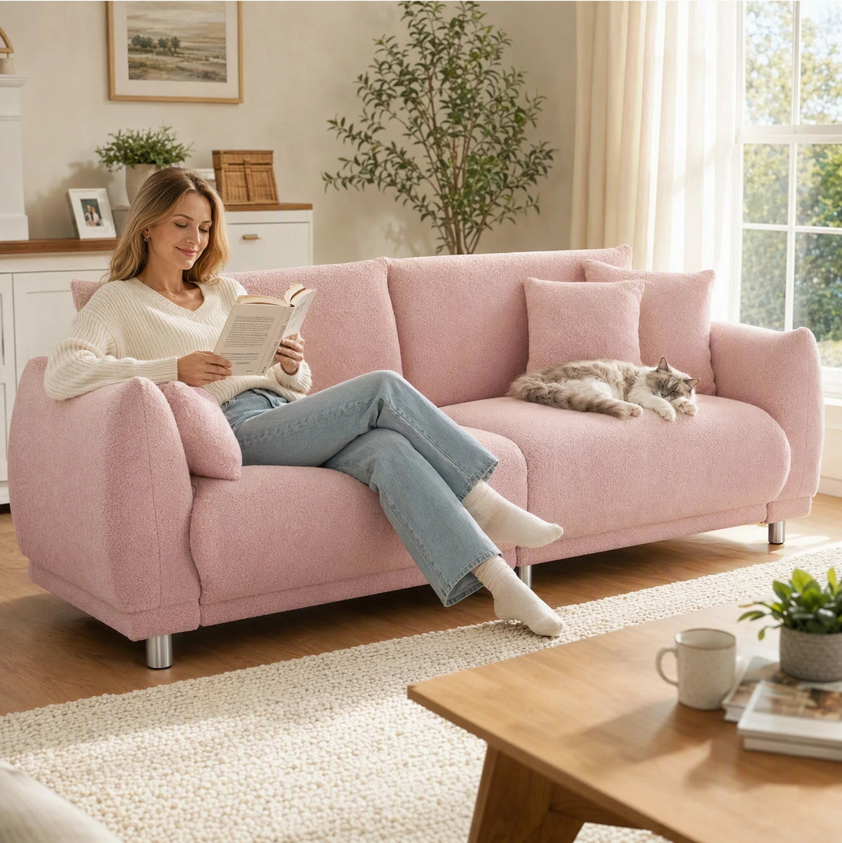 Modern Teddy Fleece Loveseat Sofa With Four Comfortable Throw Pillows