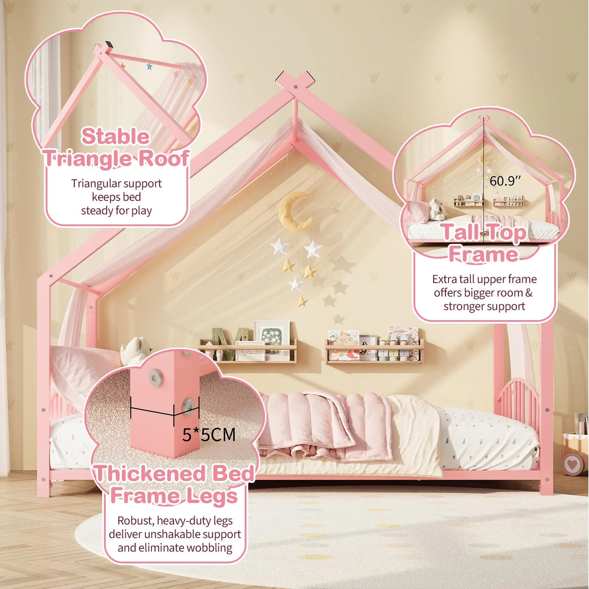 HiMISS Montessori House Bed Frame With Safety Rails For Kids