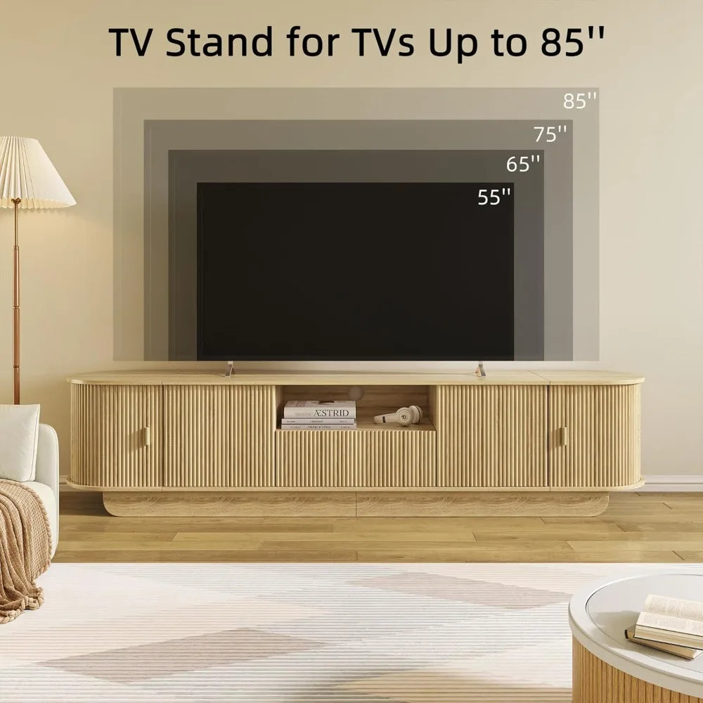 Tambour TV Stand With Large Storage Cabinet And Open Shelves