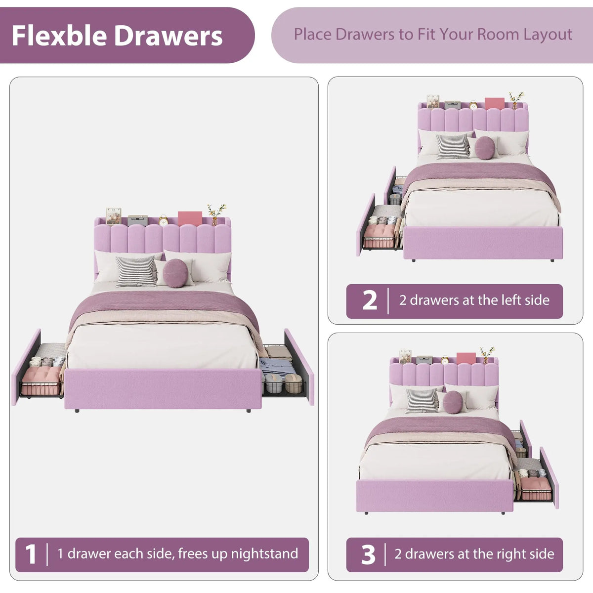GAOMON Upholstered Bed with RGB LED Lighting and Storage Drawers