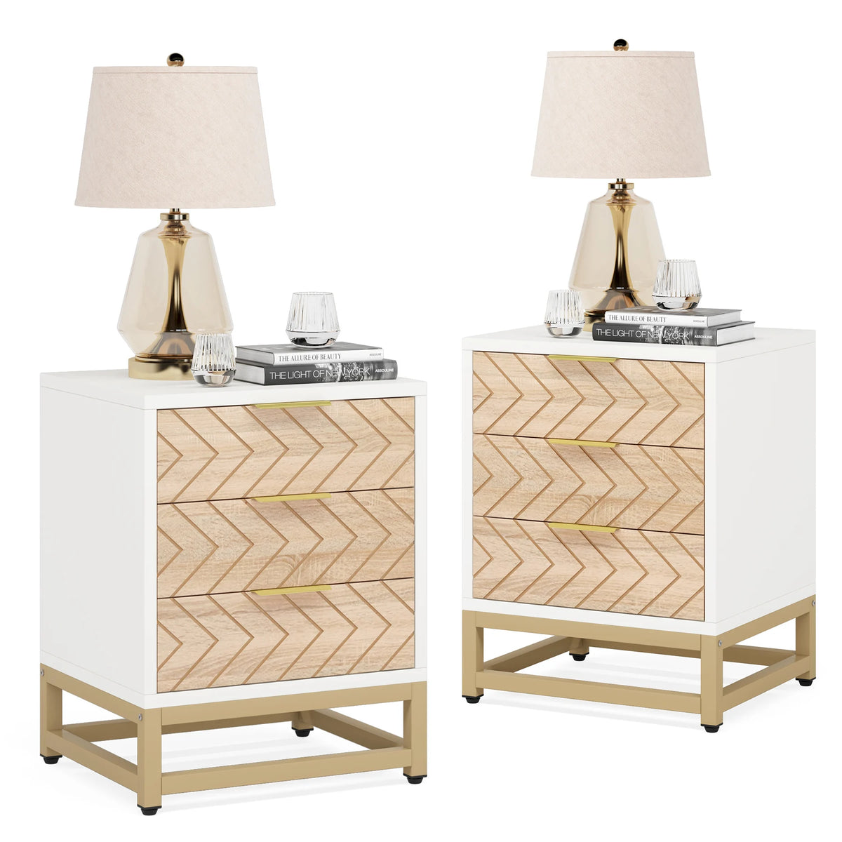 Tribesigns 3 Drawers Nightstand Set of 2, Modern Bedside Table with Unique Chevron Design, White End Side Table Night Stands