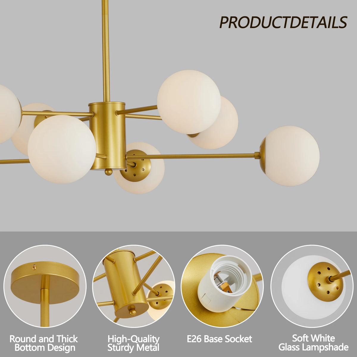 Longree Modern 8 Light Gold Chandelier With White Glass Globes