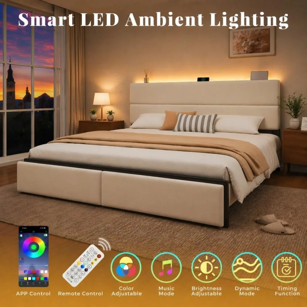 Upholstered Metal Bed Frame With Storage Drawers Led Headboard Lighting