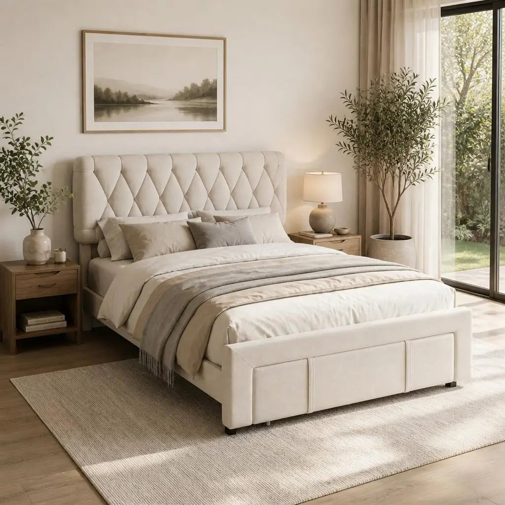 Upholstered Platform Bed Frame With Storage Drawers And Tufted Headboard