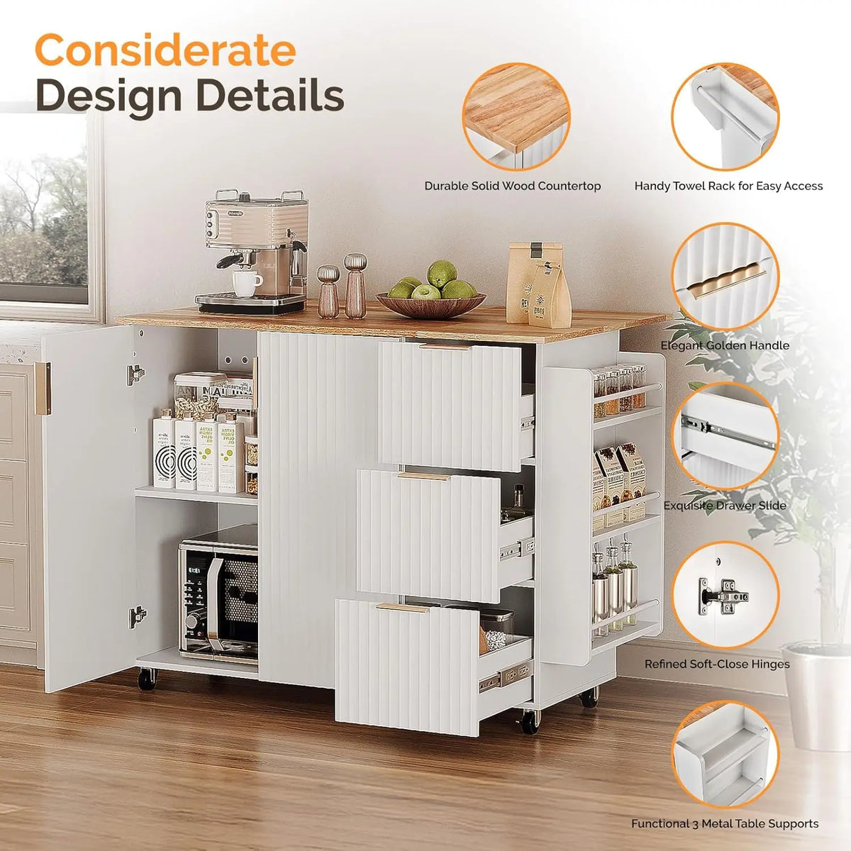 Kitchen Cart With 3 Drawers And 2 Doors Drop Leaf Tabletop Rolling