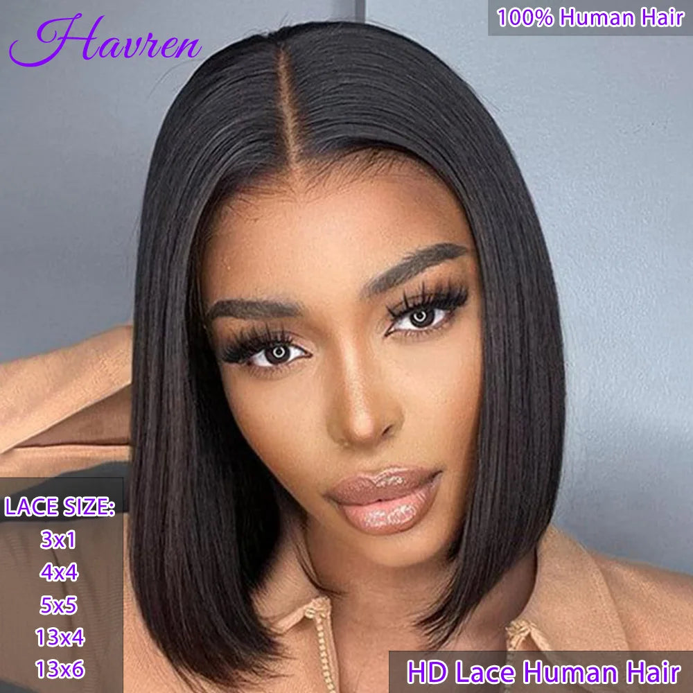 100% Virgin Human Hair Bob Wigs Straight 3x1 T Part HD Lace Closure Wig 1B Natural Black 8 to 16 Inch Glueless Wear and Go