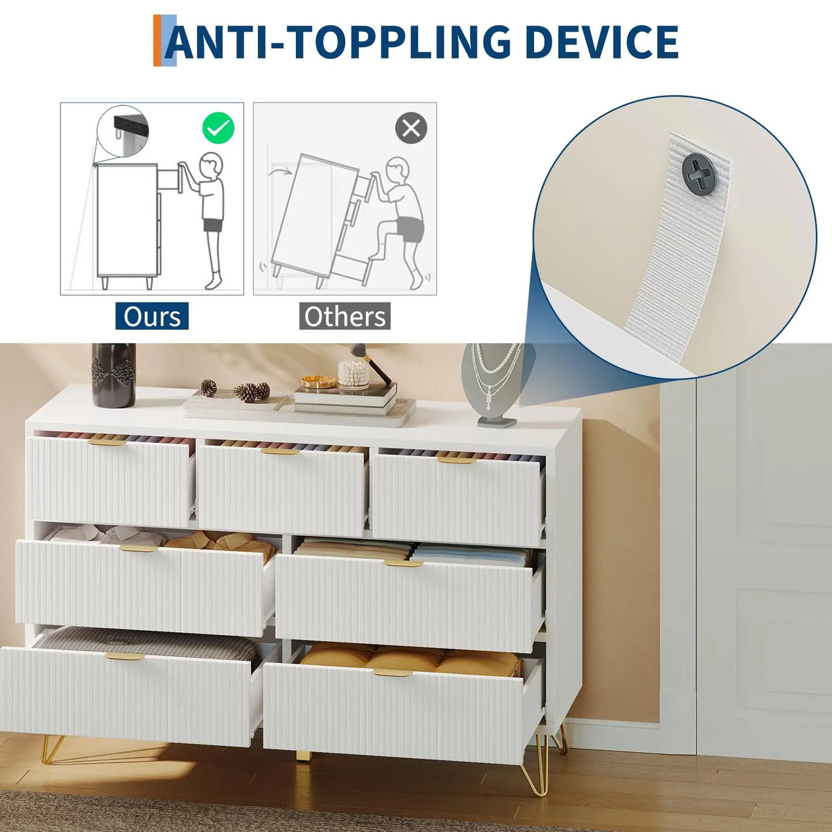47.2 Inch 7 Drawer Dresser For Bedroom, Modern White Chest Of Drawers With Gold Metal Legs, Narrow Storage Cabinet For Entryway