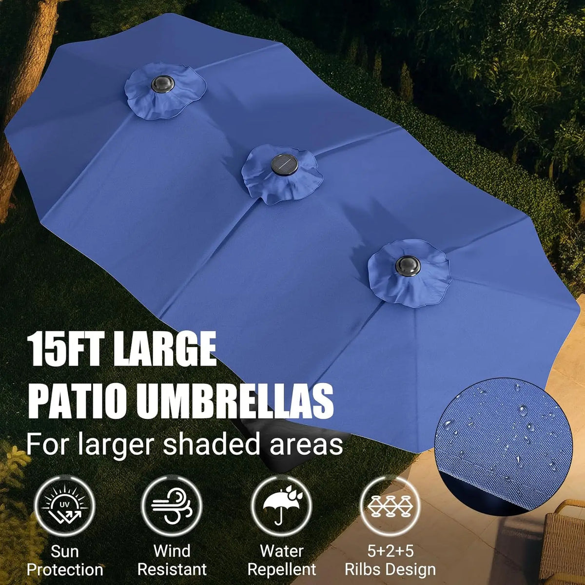 15FT Large Patio Patio Umbrella with Base & Solar LED Lights - Double-Sided, Customized