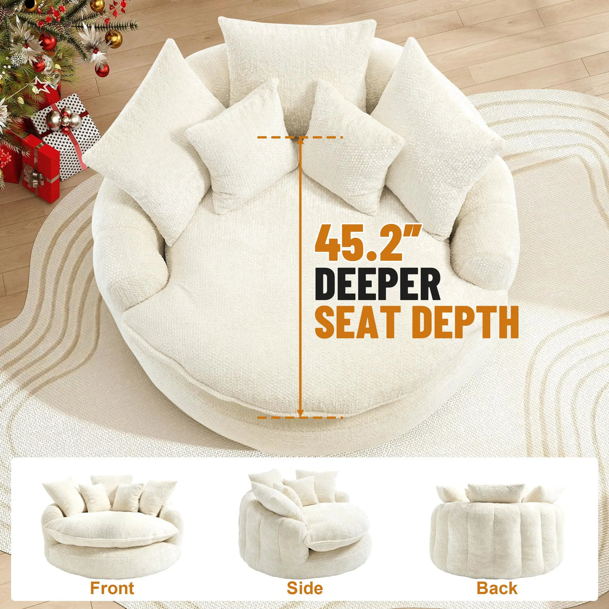 Modern Upholstered Round Chaise Lounge Chair with Matching Pillows