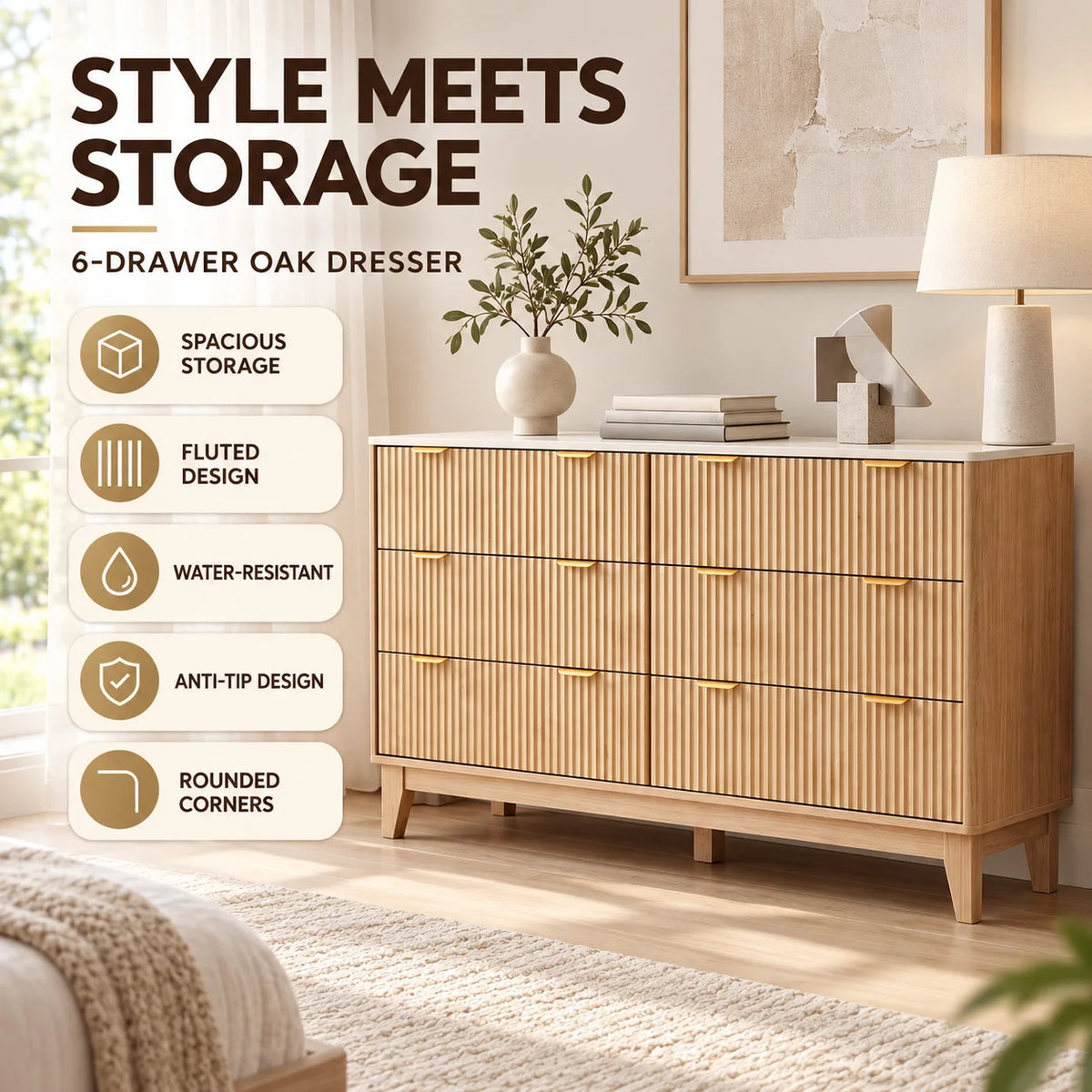 Fluted Storage Dresser With Gold Handles And Anti Tip Design