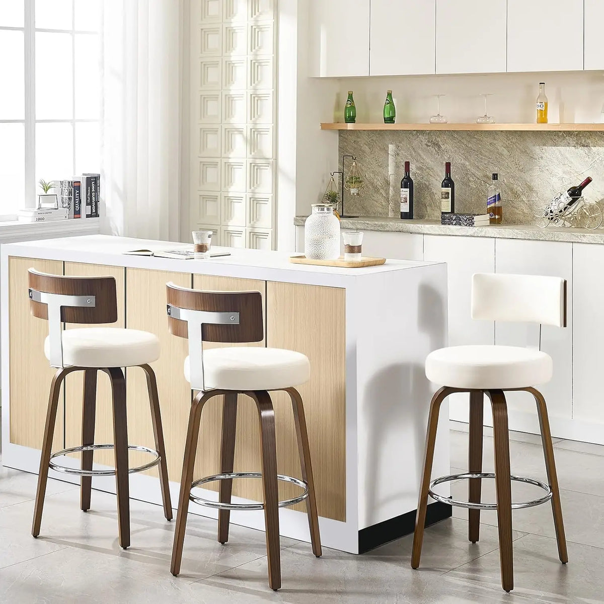 Swivel Counter Stools Set 3 Faux Leather Kitchen Barstool with Back Walnut Wood Legs 26" Seat White, Custom