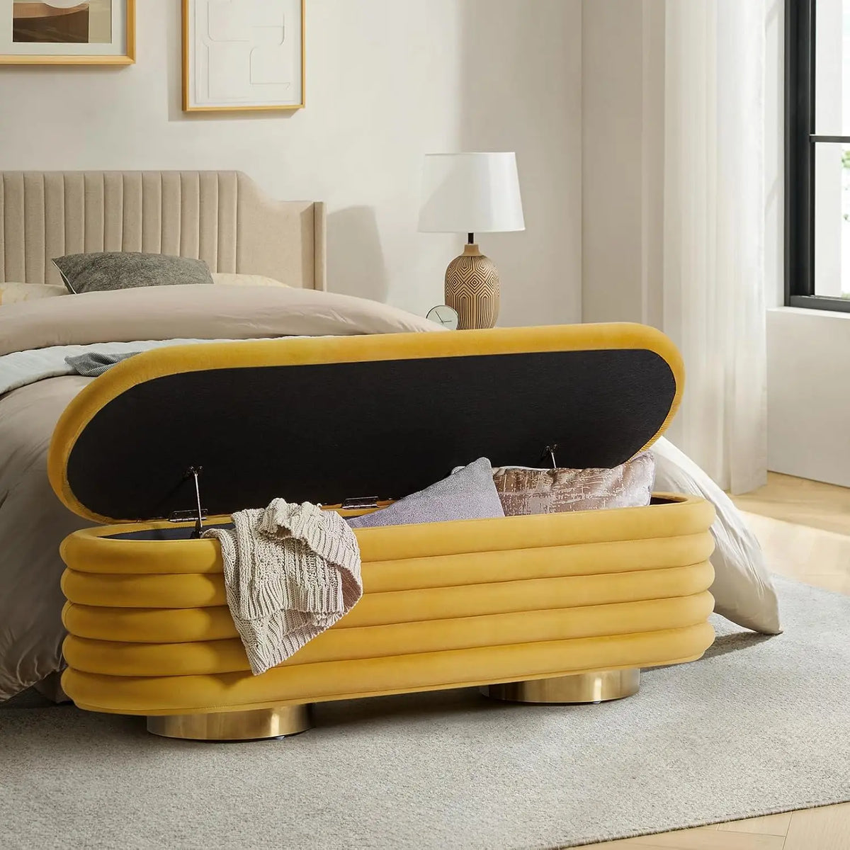 Velvet Storage Bench With Button Tufting