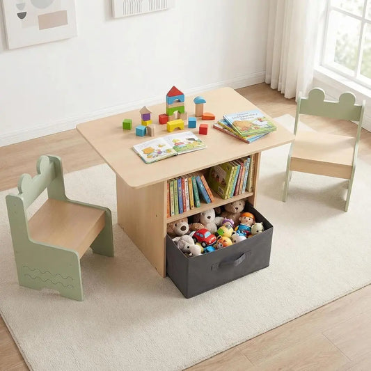 Wooden Kids Table and Chairs with abric Der | Toddler Activity Desk Set w/ 2 Open Comparents & Spacious Desktop, Indoor Children
