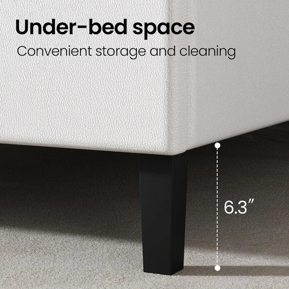 Full Bed Frame with Headboard, Upholstered Platform Bed, White, Wooden Slat Support, No Box Spring Needed