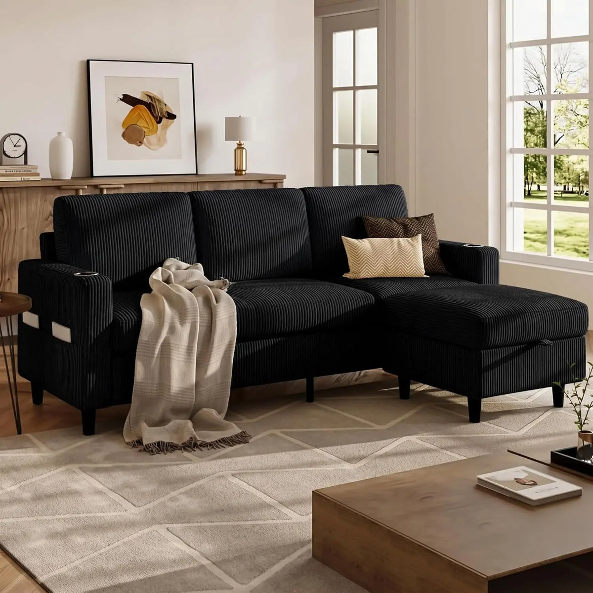 Convertible Sectional Sofa With Storage Ottoman And Cup Holders