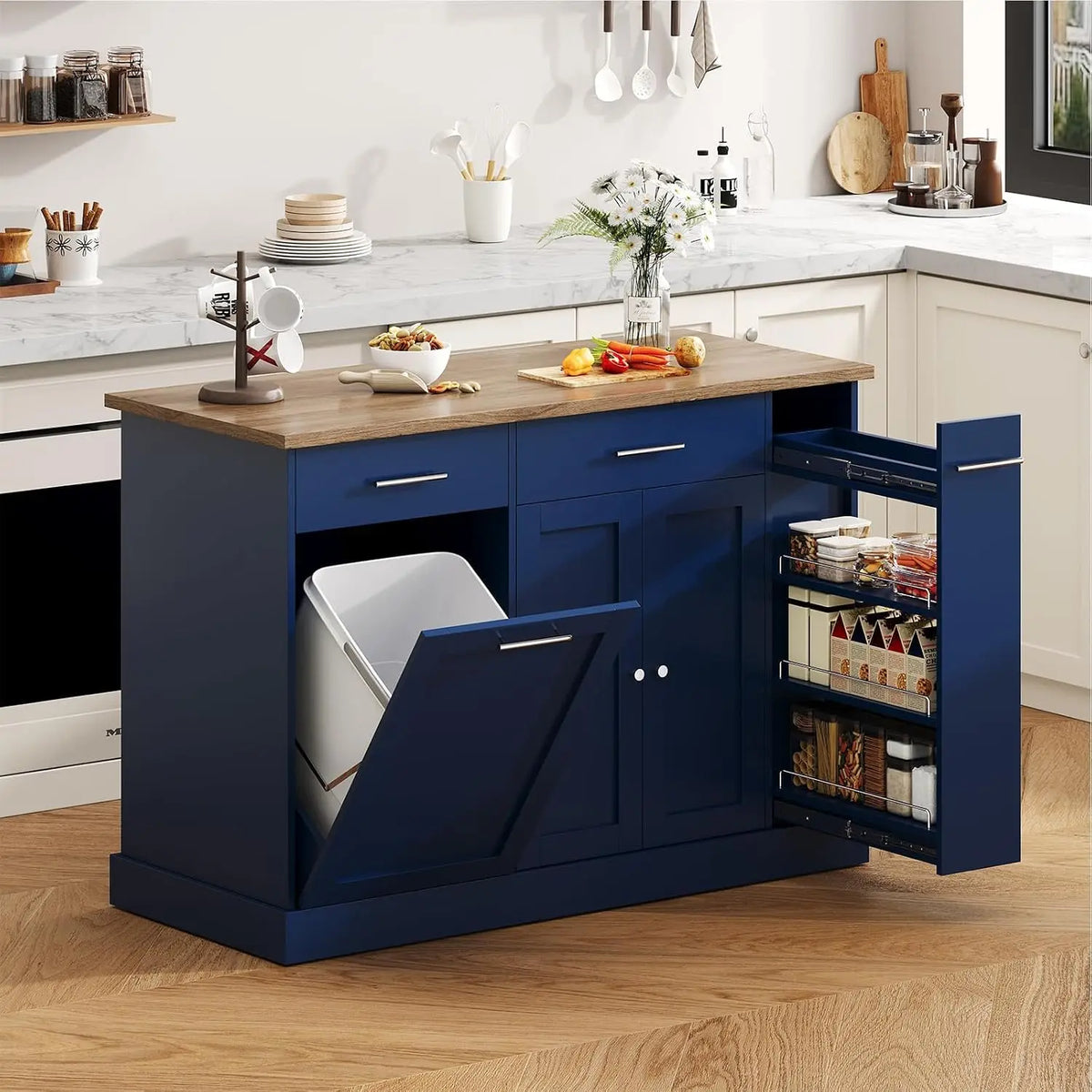 Kitchen Island Cart With Trash Cabinet And Spice Rack And Towel Rack On Wheels