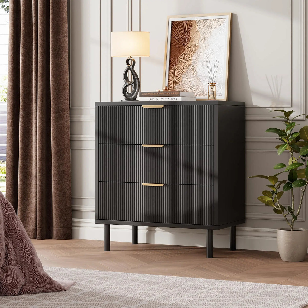 GAOMON Fluted Wooden Chest of Drawers with Metal Legs