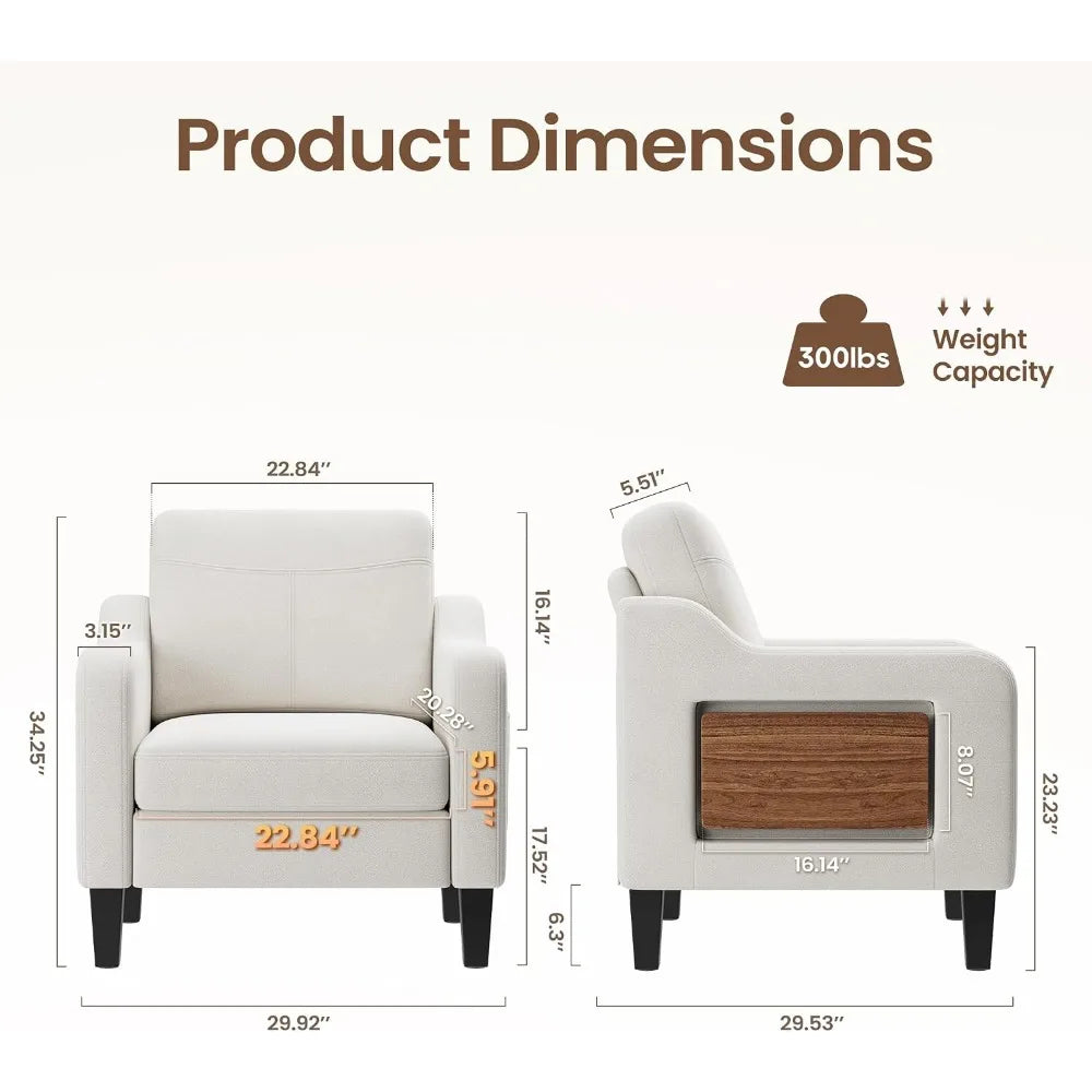 Linen Armchair With Foldable Side Table And Pockets