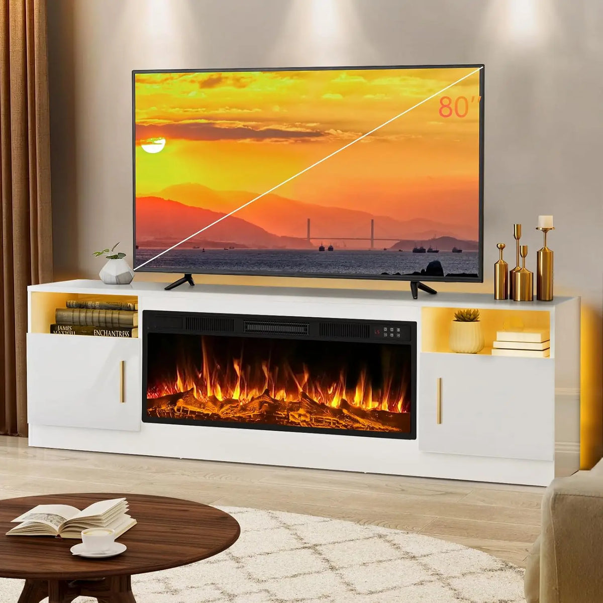 Fireplace TV Stand with 36" Electric Fireplace, Fits TVs Up to 80", 70" LED Lit Entertainment Center, Modern High, Customized