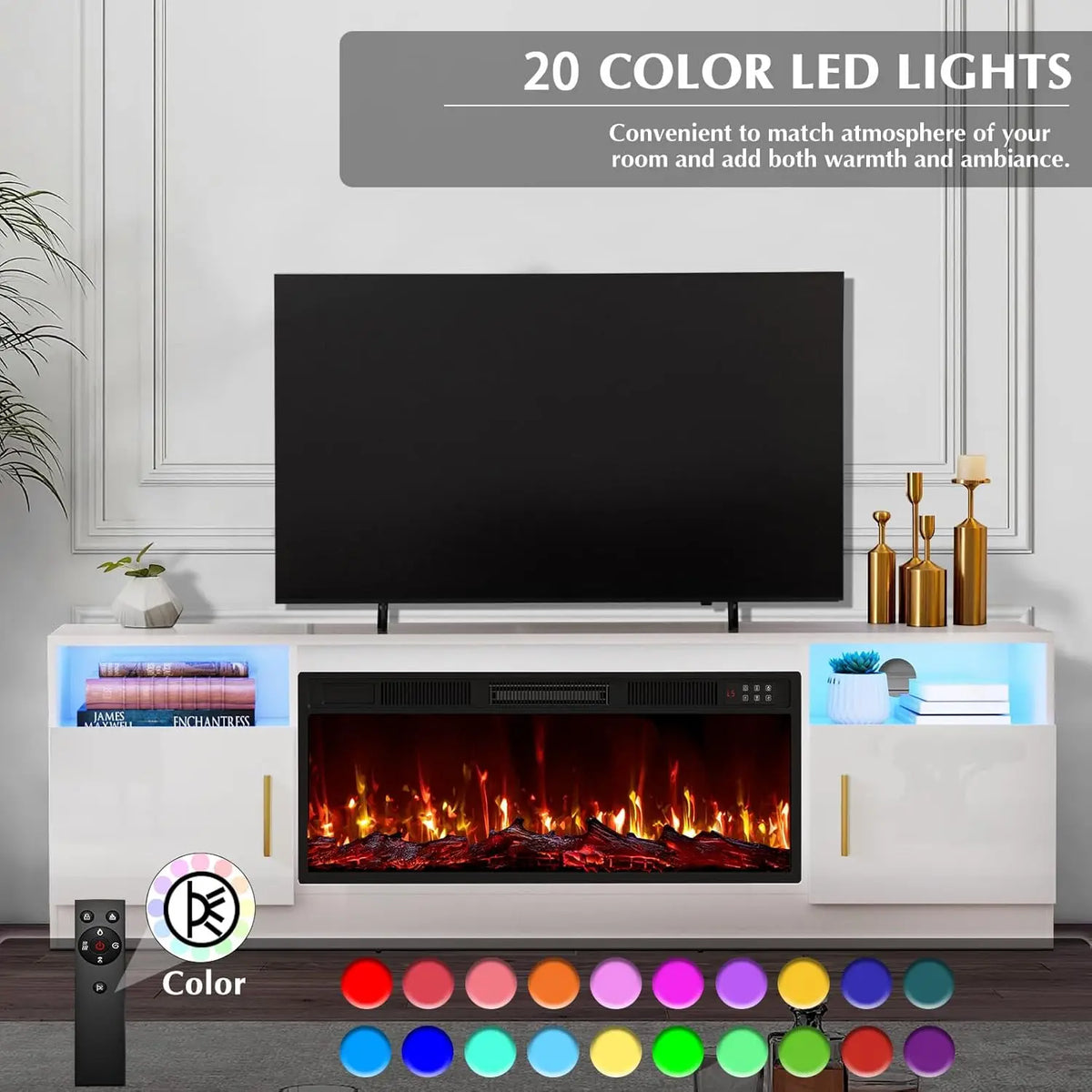Fireplace TV Stand with 36" Electric Fireplace, Fits TVs Up to 80", 70" LED Lit Entertainment Center, Modern High, Customized
