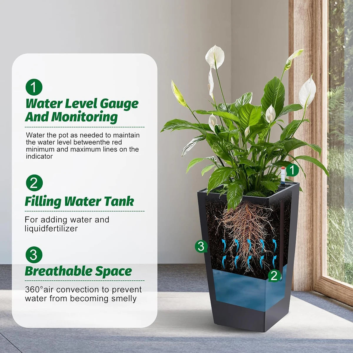TWISTER.CK Rectangular Planters With Drainage Holes And Water Level Monitor