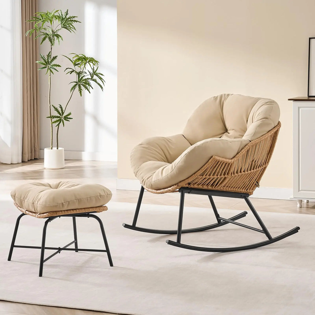 ONBRILL Rattan Papasan Rocking Chair With Ottoman Indoor Outdoor Lounge