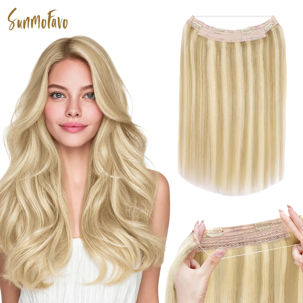 Sunmofavo Invisible Wire Halo Hair Extensions 100% Remy Human Hair Fish Line with 4 Anti-slip Secure Clips Golden Blonde Highlights Seamless Hairpiece for Women Daily Party Occasion Wear Instant Volume