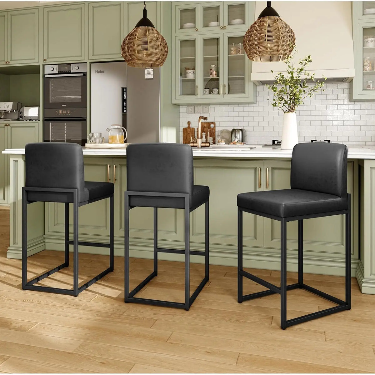 Bar Stool Set Of 3 With Back Faux Leather Upholstery