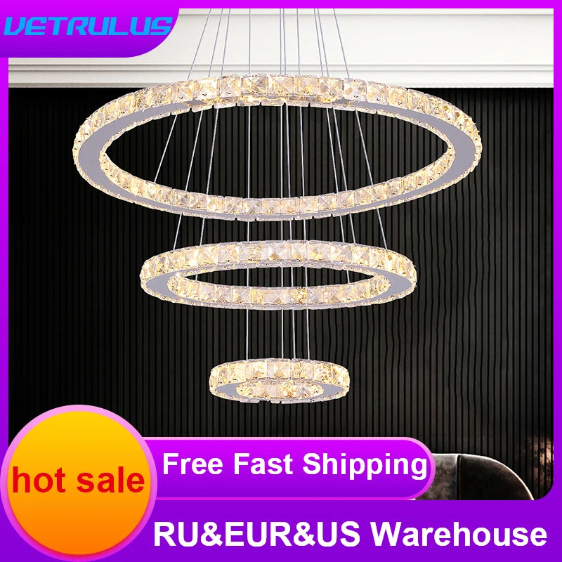 VETRULUS Modern Crystal Pendant Light LED Chandelier Ceiling Lamp