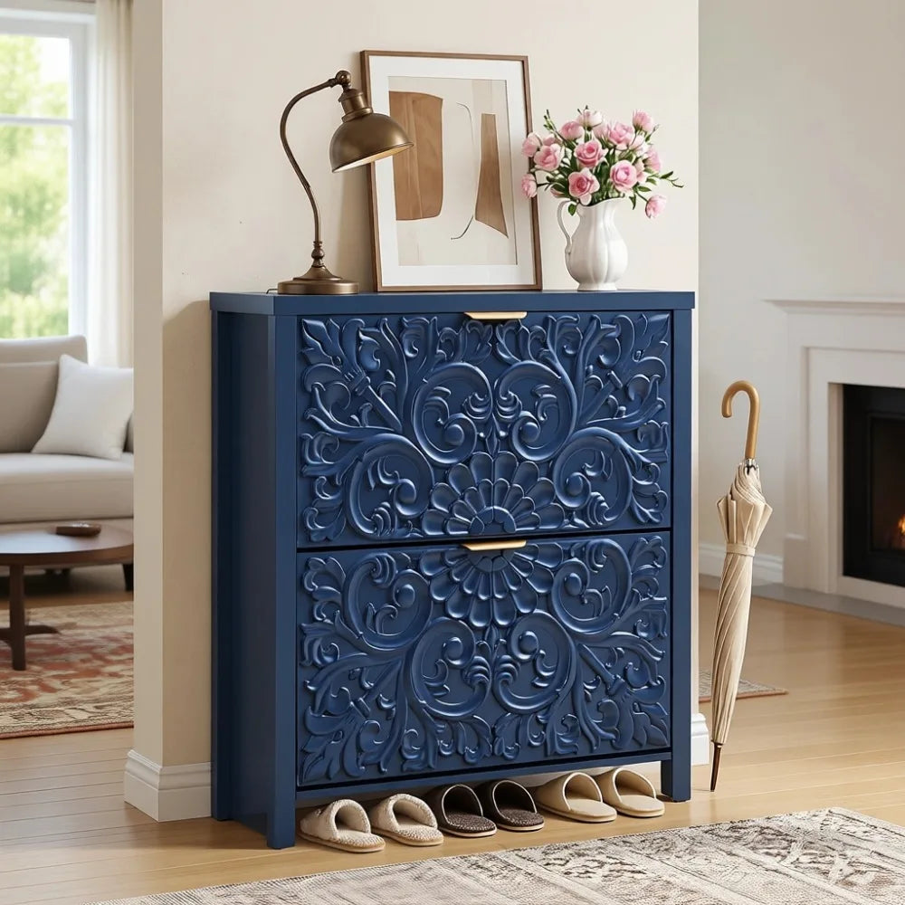 Narrow Flip Drawer Shoe Cabinet for Entryway Storage, Slim 2-Tier Shoe Organizer for Hallway Foyer
