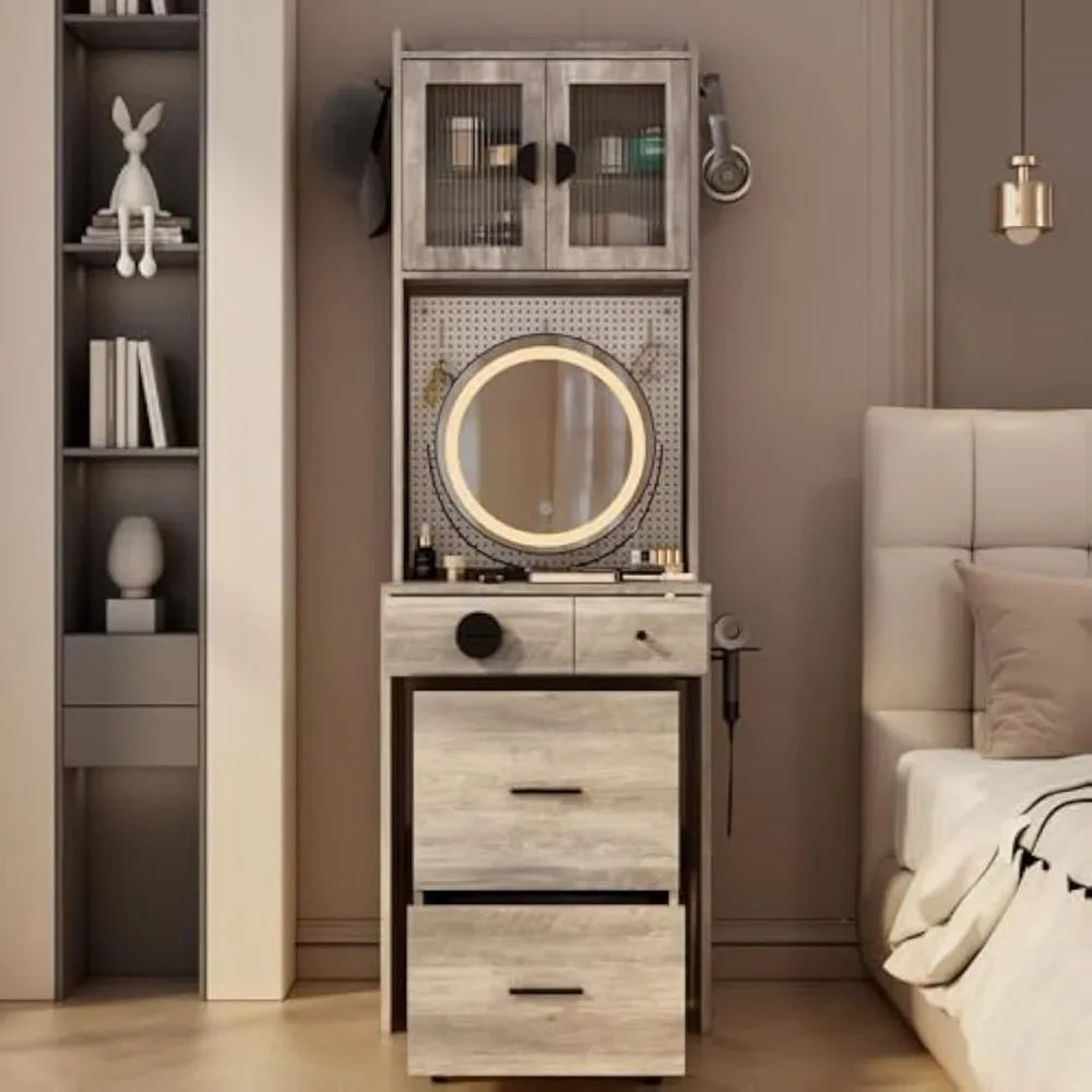 space-saving makeup vanity set with storage drawers and chair, desk-style vanity with illuminated mirror