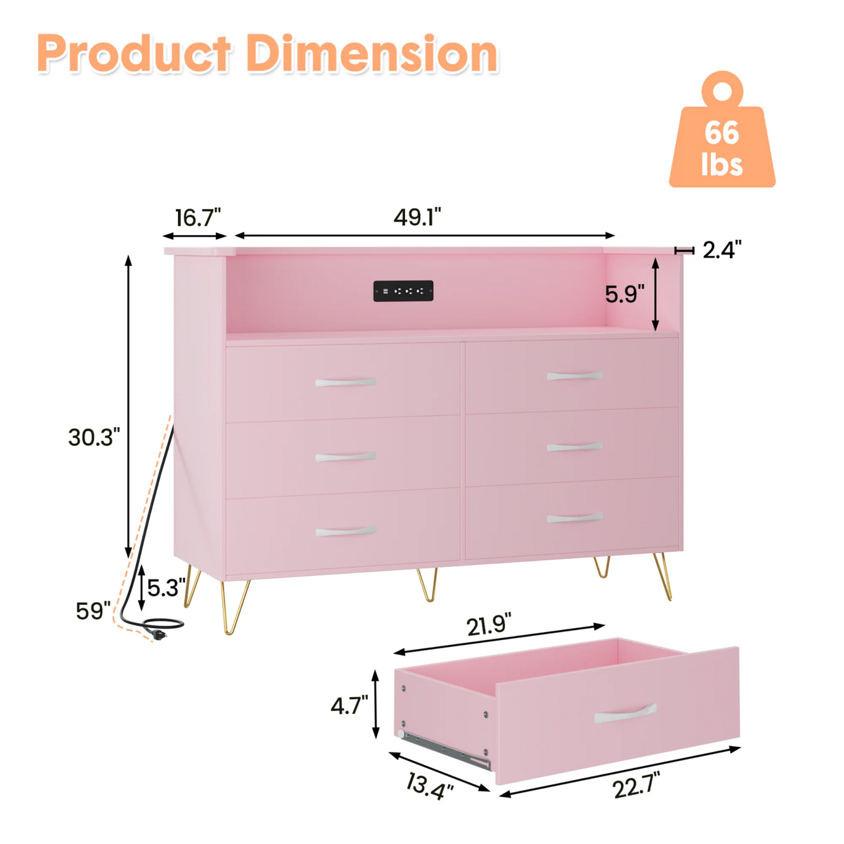 Dresser With LED Lighting, Charging Station And Open Shelves
